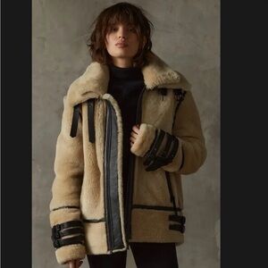 BODA SKINS Women's Beige Polar Shearling Aviator Jacket with Leather Trim